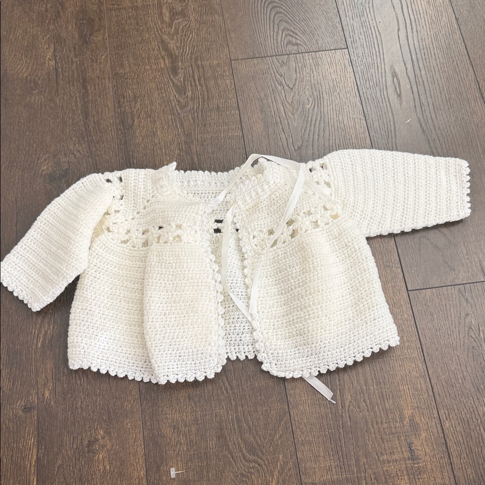 Handmade Crochet Baby Cardigan - 6-9 Months - White Delicate
